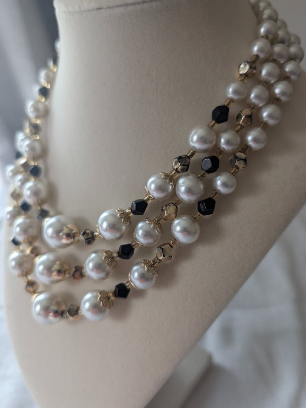 1960s Faux Pearl and Black Bead Triple Strand Necklace